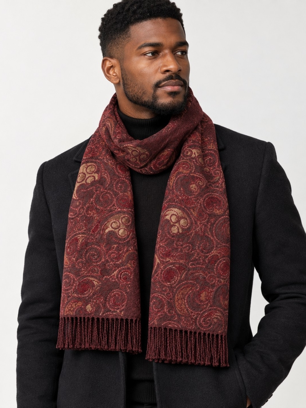 Unisex Burgundy Floral Cashmere Fringe Scarf